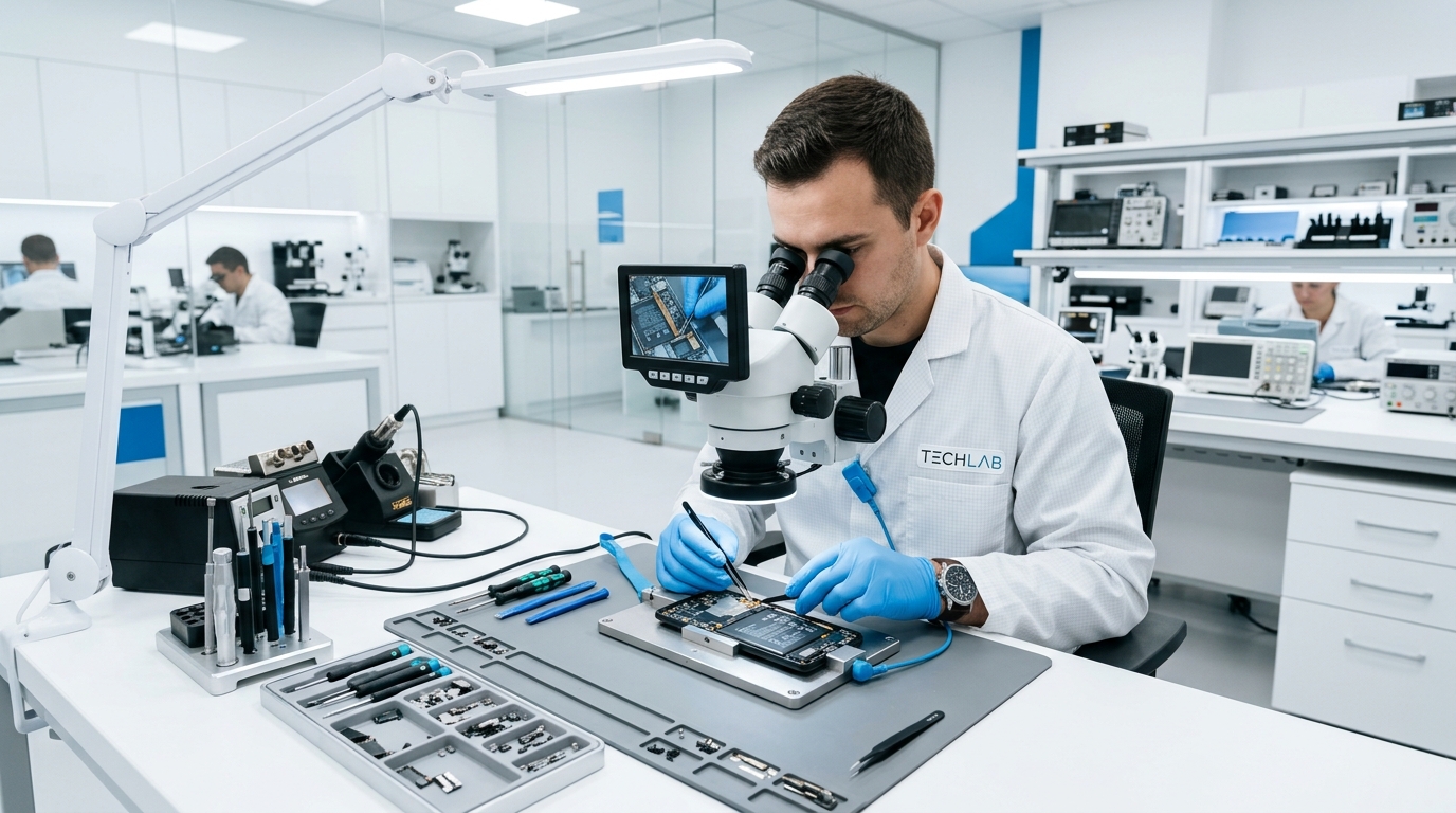 Ingeniero técnico reparando smartphone con herramientas de alta precisión